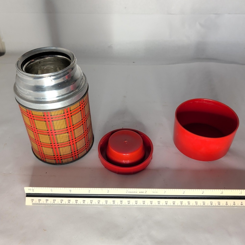 Vintage Aladdin Plaid Vacuum Flask Red Metal Kids Insulated Hot Cold Thermos
